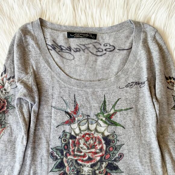 Ed Hardy Vintage Y2K Sweater by Christian Audigier Flower Bird Skull Tattoo Gray - Picture 2 of 13
